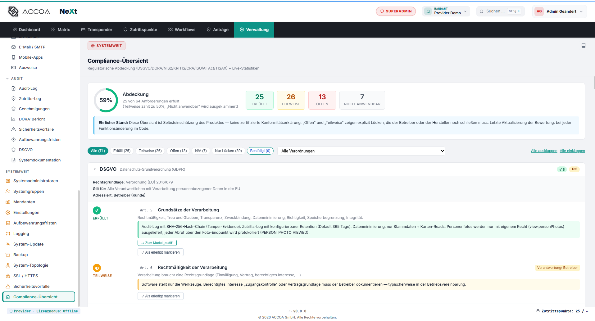 ACCOA NeXt Compliance-Übersicht