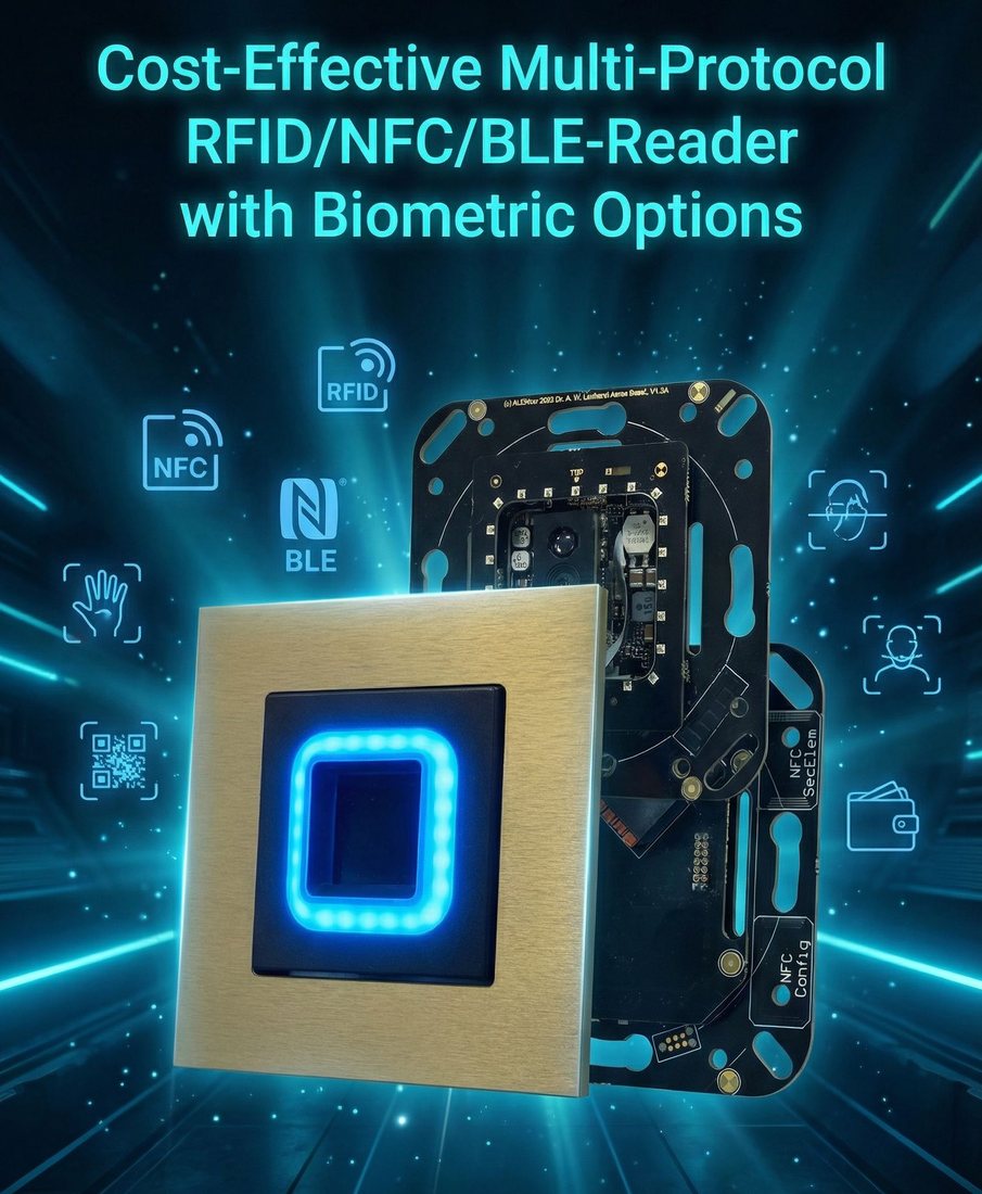 Multiprotokoll-Leser für RFID, NFC und BLE mit biometrischen Optionen: Frontplatte in Messing mit beleuchtetem Sensorfeld, dahinter die Platine.